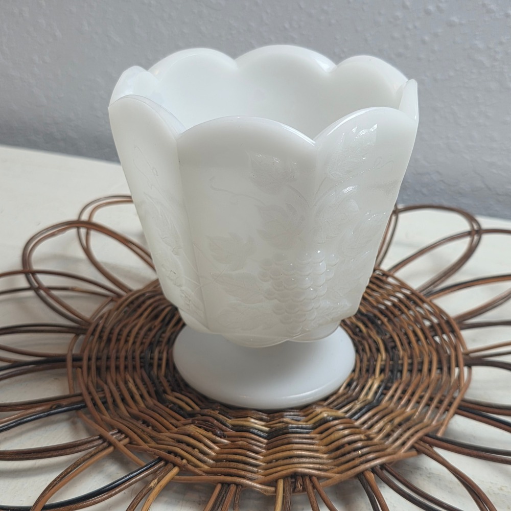 Vintage E.O. Brody Co White Milk Glass Foot Planter Grape‎ & Leaf Scalloped Rim